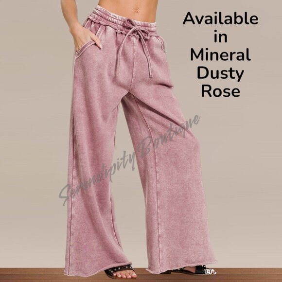 Comfy Mineral Wash Elastic High Waist Wide Leg Loose Fit Everyday Casual Pants - Picture 5 of 8